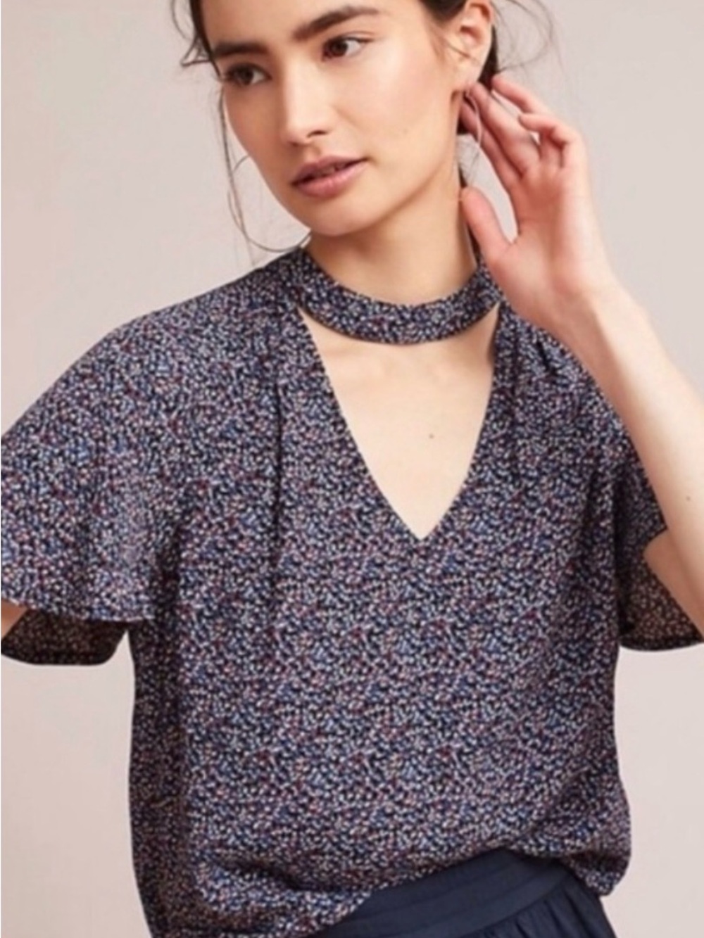 Maeve Anthropologie Choker Top S Blue Ditsy Floral Flutter Sleeve Cottage Boho